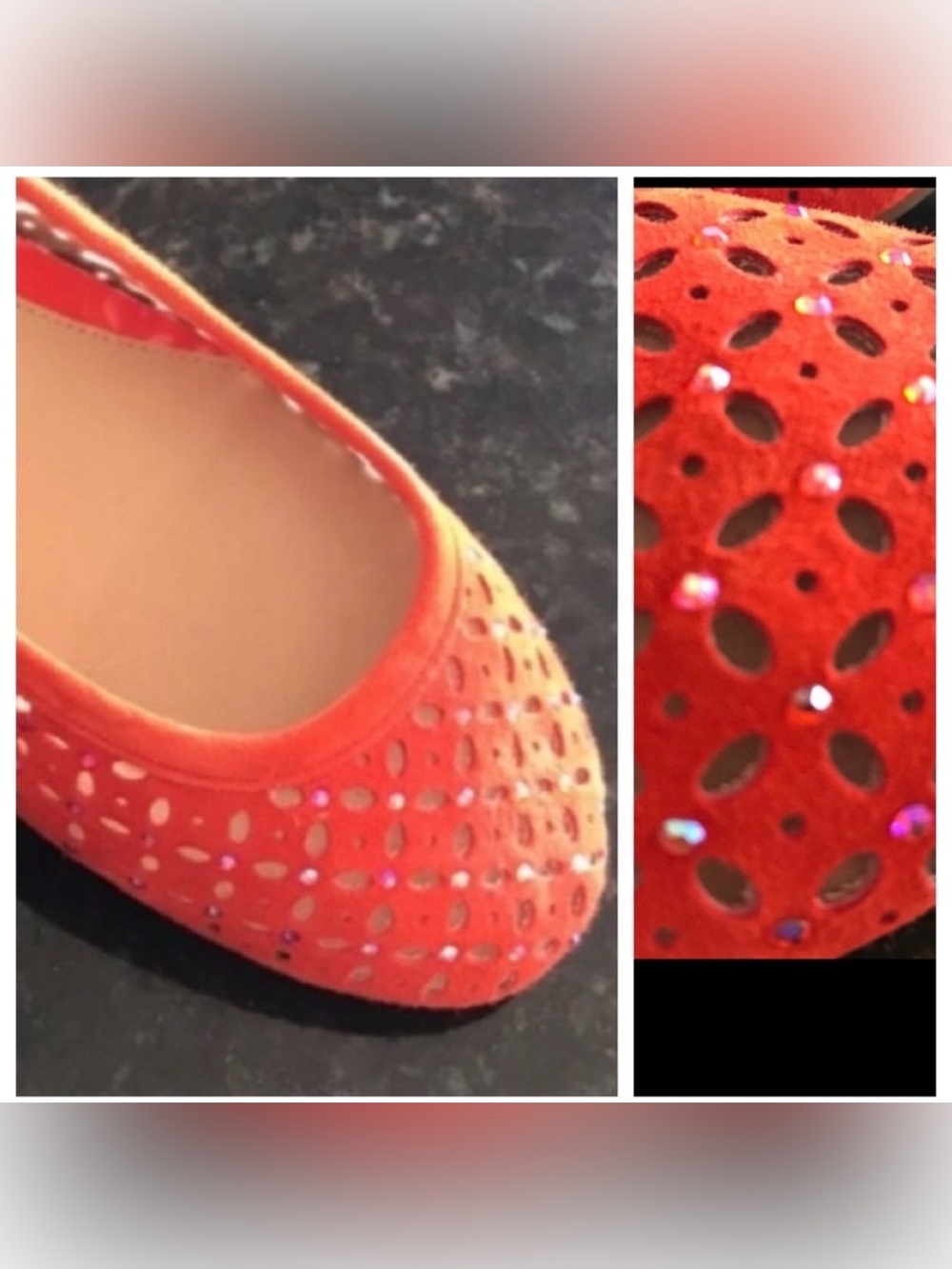 Antonio Melanie 6M orange suede laxer cut mesh flats with sparkle crystal studs